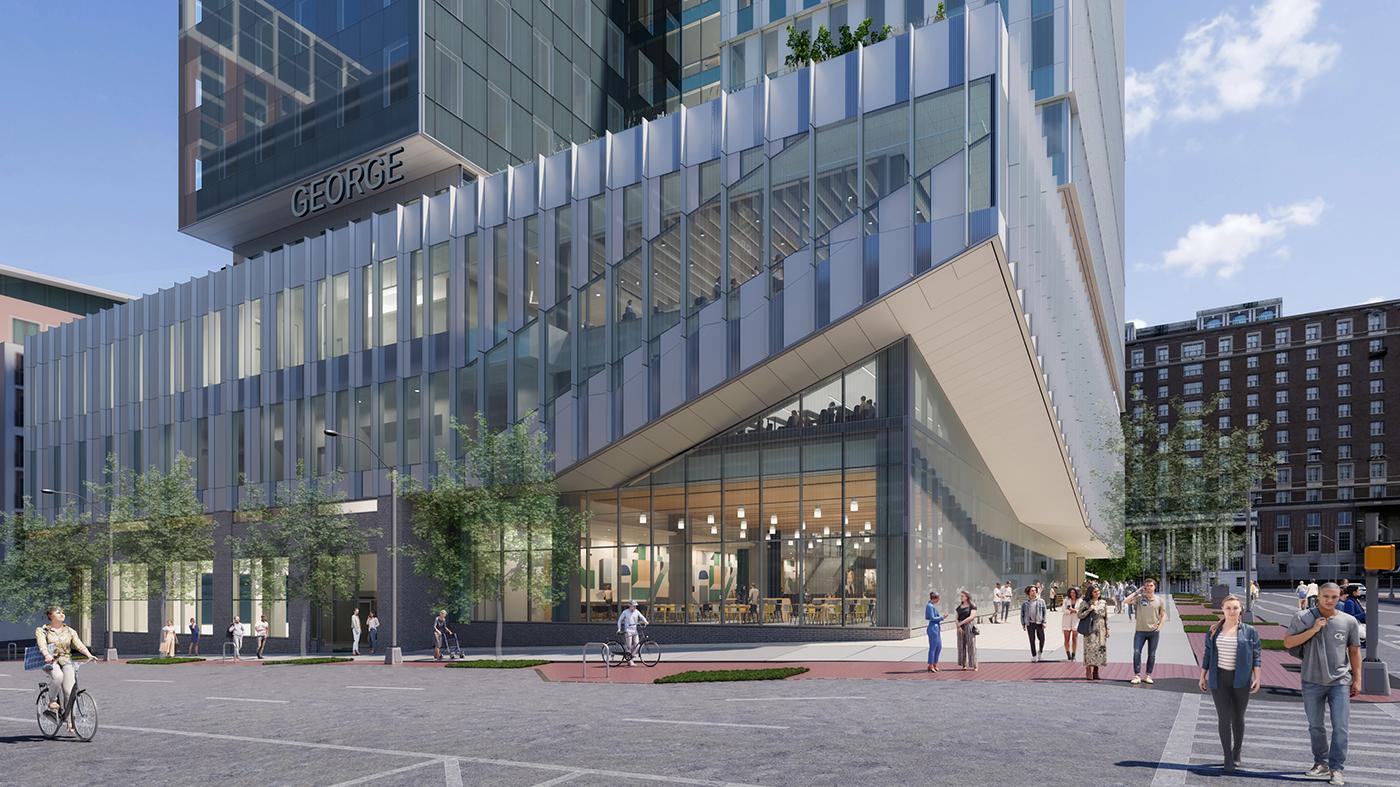 Exterior rendering of the new George/Scheller Tower on east campus